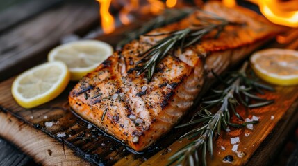 Wall Mural - Grilled salmon fillet served with lemon slices and fresh rosemary on a wooden cutting board