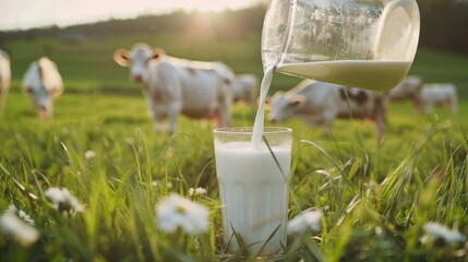 A glass of milk is poured into a glass in a field with cows