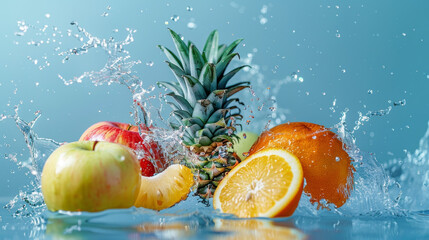 Creative composition with floating, levitating ripe orange, lemon, pineapple, and apple on a pastel blue background with water splashes. Concept of vitamins and fresh, healthy diet food