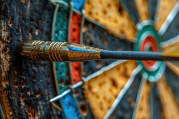 Closeup of a dartboard with a dart hitting the bullseye