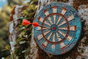 Red dart hitting the center of an old dartboard hanging on a tree trunk outdoors