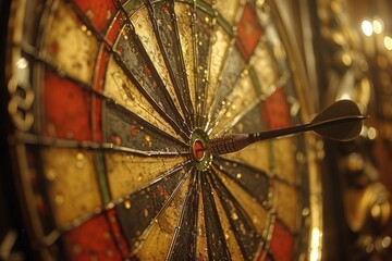 Close up of a dartboard with a dart hitting the bullseye