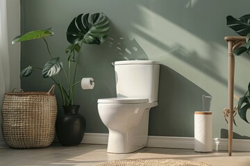 Minimalist style toilet with an open lid and the background is a gray green wall, next to it there's some dark beige wicker furniture. A white ceramic paper towel stand on one side of the toilet bowl