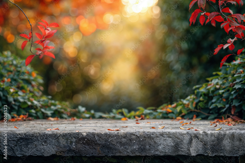 Empty stone surface is displaying a blurred autumn scene with red leaves and warm sunlight