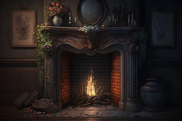 Vintage fireplace in the dark room. 3D illustration. Vintage style.