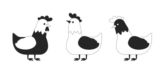 Poster - Farm chickens group 2D linear cartoon characters set. Poultry husbandry habitats isolated line vector animals white background. Agricultural industry color flat spot illustrations collection