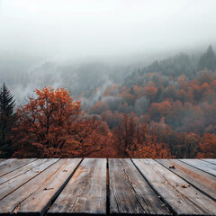 Poster - Empty wooden table in a misty autumn forest with colorful leaves, perfect for design projects. Enjoy the serene fall scenery