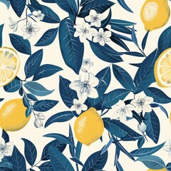 Canvas Print - Seamless lemon pattern with flowers and leaves