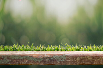 Poster - Empty wooden tabletop with green grass over blurred nature background, for product display montage