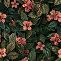 Wall Mural - Seamless pattern of pink flowers with leaves