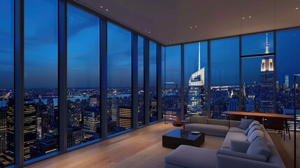 Wall Mural - Luxury lounge in apartment with a large window and view on New York skyline and the Empire State building at night, high-rise real estate property. copy space for text.