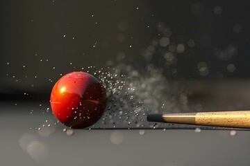 Red billiard ball with a cue stick in the background, creating a cloud of dust particles.