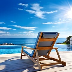 Canvas Print - A chaise lounge chair sits next to a swimming pool with the calm turquoise water reflecting the clear blue sky.  In the background, there is the vast blue ocean meeting the horizon.