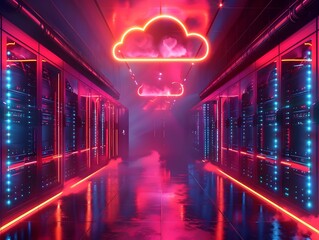 Poster - Futuristic Glowing Cloud Data Center with Automated Server Systems for Advanced Cloud Computing Concept