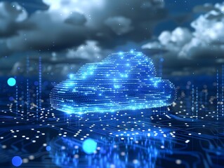 Poster - futuristic digital visualization of hybrid cloud computing ecosystem