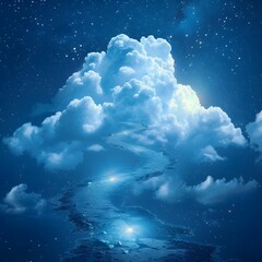 Poster - Ethereal Celestial Landscape with Glowing Clouds and Starry Night Sky Reflection