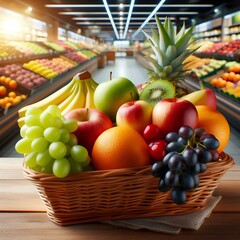 Wall Mural - Fruit in a shopping basket on a wooden table with a supermarket background.