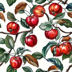 Wall Mural - Seamless pattern of apples on branches with leaves