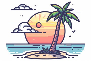 Sticker - Tropical Island Scene with Palm Trees and Sunset Illustration