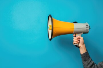 Hand holding a bright yellow megaphone against a blue background