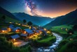 © Yaraslava - peaceful village under gaze celestial bodies night sky, astronomy, cosmos, stars, moon, universe, landscape, nature, beauty, evening, dusk, scenery, rural,