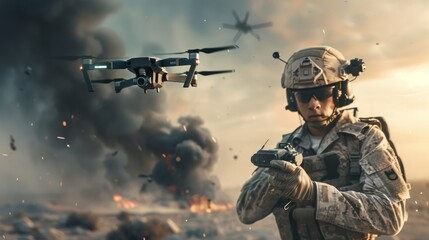 Soldier in combat gear using drone technology on the battlefield. Intense military action scene with smoky background. AI-generated image perfect for war and technology-themed projects. AI