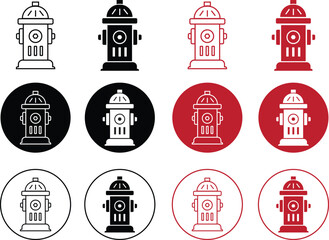 Poster - set of fire hydrate icons. fire extinguisher safety signs. black and red flat, line designs. emergen