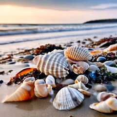 Canvas Print -  a pile of seashells sitting on a beach. The seashells are all different shapes, sizes, and colors, and some have stripes or spots. The background is blurry, but it looks like there is sand and possib