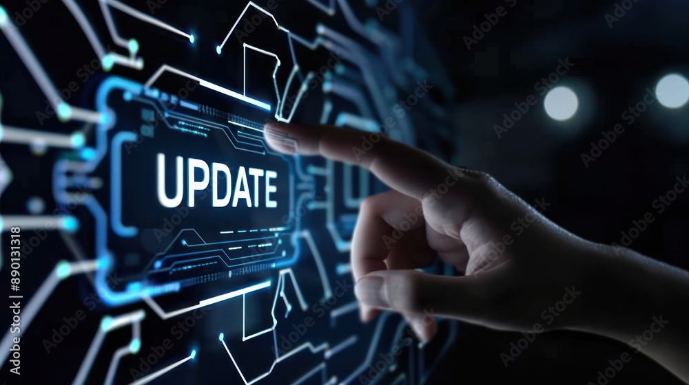 person hand touching holographic screen displaying Update on circuit ...