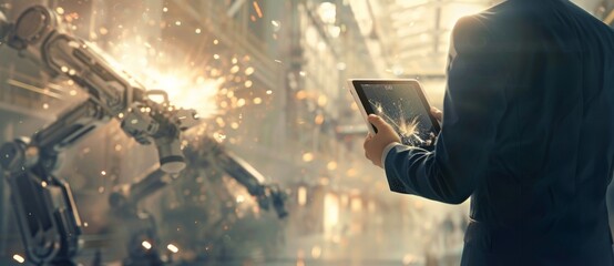 Poster - Manager checking and controlling robots in a factory on a real-time monitoring system. Robotics welding and digital manufacturing.