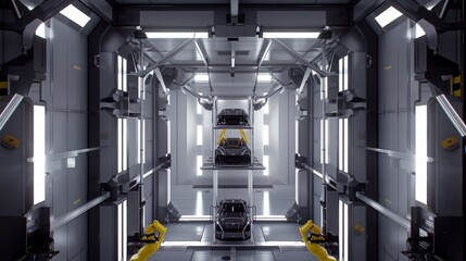 Poster - 3D Concept: Automated Robot Arm Assembly Line Manufacturing Advanced High-Tech Green Energy Electric Vehicles. Conveyor Belt For Manufacturing Industrial Products.