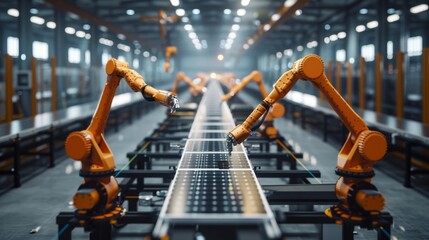 Poster - Solar Panels are assembled on conveyor belt at a modern factory with industrial robot arms. Electricity is generated by a turbine on the rooftop.