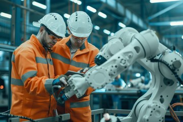 Poster - The engineer team is servicing robot welding in the automated factory. The workers in safety suits work on the robot arm software programming or the replacement of part in digital manufacturing