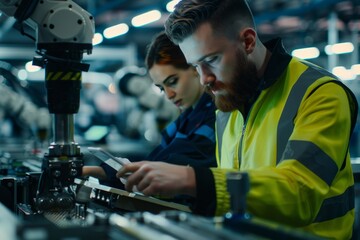 Poster - The male engineer is testing and controlling a robot model of academy robotics automation for manufacturing or industry from a remote location