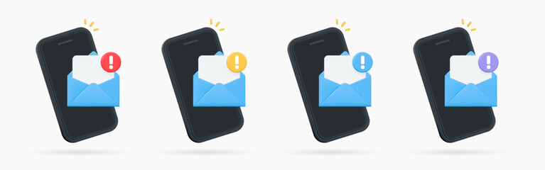 Poster - 3d phone with open letter in envelope and exclamation mark. error delivering message to email. mail 