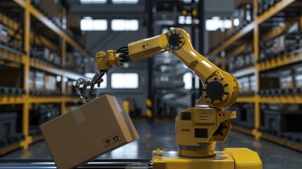 Poster - Box being grabbed by a robot arm on a roller conveyor rack with storage warehouse background