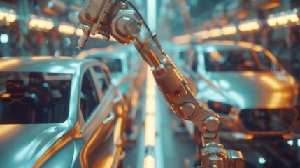 Poster - In an assembly manufacturing plant, a robot arm automates the production process