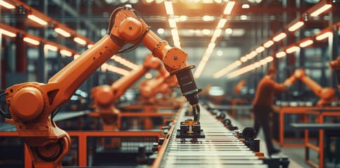 Poster - Assembly line workers control robots on an assembly line. Robots improve factory efficiency and productivity. Quality control and safety are ensured by human supervision.