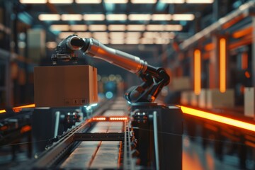 Poster - Technology and logistics are merged in modern supply chain management with the use of industrial robot arms.