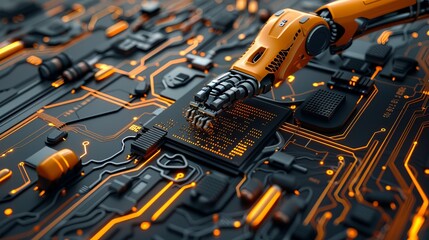 Poster - Mechanized industry robot and human worker working together in a future factory. Robot working at computer among people. Machine typing on keyboard in office.