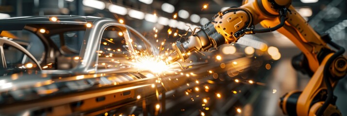 Poster - A panoramic banner depicts an automated industrial robot arm welding with sparks at a factory