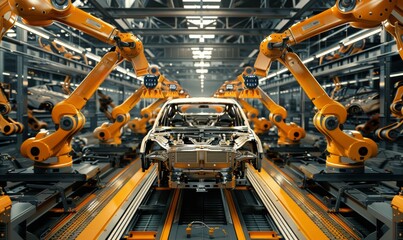 Wall Mural - Automated robotic arms assemble car parts at the production line in an automotive factory. Robotic arms weld car parts together.