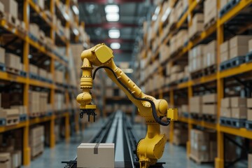 Poster - Yellow robot working in warehouse surrounded by boxes and shelves