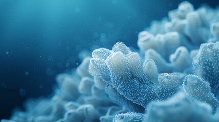 Close-up of intricate blue coral structures underwater, showcasing natural marine beauty and detailed textures in a serene oceanic environment.