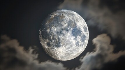 Wall Mural - A sleek representation of a full moon with dark clouds, elegantly displayed on a high-gloss wall,