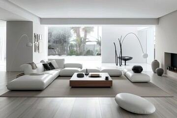 a modern living room with white furniture and a large window