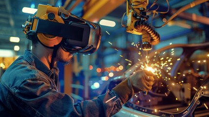 Wall Mural - An engineer is using virtual reality glasses to operate a robotic welding arm in a factory