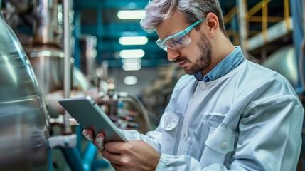Poster - Smart factory automotive industrial industry engineer using tablet with real-time monitoring system software. Automation robot arm machine. welding robots. Stock.