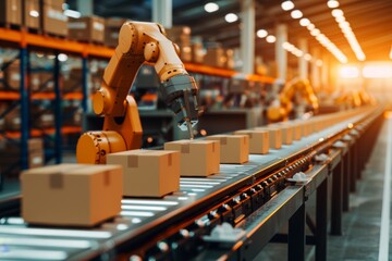 Poster - Integrated with logistics and technology, an industrial robot arm provides efficient packaging services within warehouses.