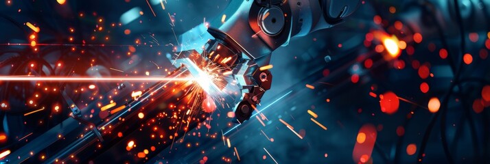 Poster - A panoramic banner showing an industrial robot arm head welding and cutting with lasers in a factory